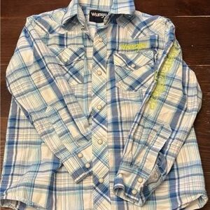 Wrangler Kids White and Blue Plaid Button Down Shirt